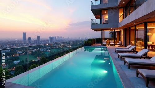 Luxury condo building rooftop pool and city view, highrise, water, building
