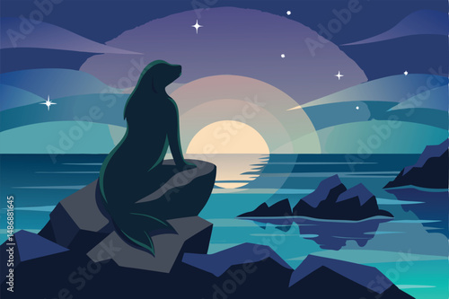 Silhouette of a Serene Selkie Gazing at the Distant Horizon on a Rocky Shoreline