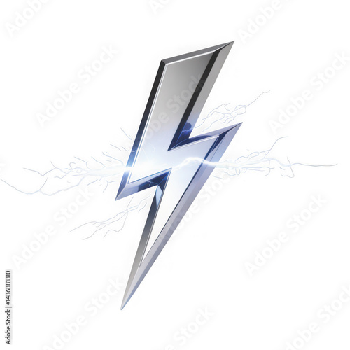 Metallic Lightning Bolt Symbol with Electric Sparks on Transparent Background