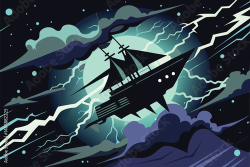 Cosmic Tempest: Silhouette of a Ship Defying Space Odyssey