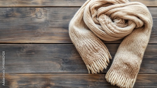 Beige knitted scarf on rustic wooden background cozy winter fashion accessory soft texture autumn fall lifestyle photography