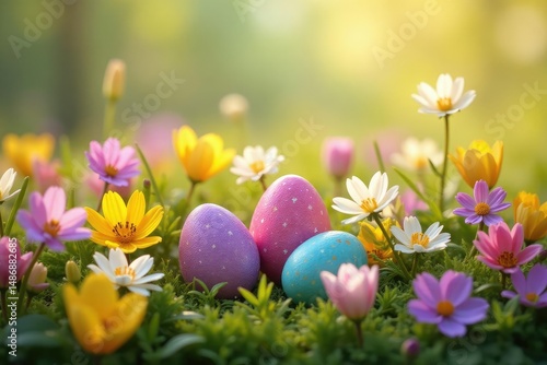 Colorful Easter eggs nestled in a bed of spring flowers, radiating joy , spring, tulips