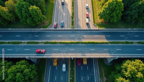 Overhead shot of a multi-lane highway with traffic flowing smoothly, showcasing road markings and signage , movement, driving, road