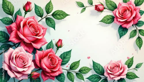 Intricate watercolor roses, lush leaves, vintage aesthetic, fabric, buds