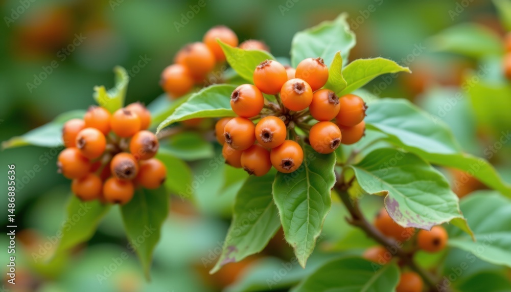 Obraz premium Harvesting orange berries in nature's lush garden close-up view of bountiful foliage and fruits