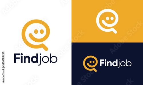 Find job logo design. Abstract smile people vector design with magnifying glass graphic icon symbol