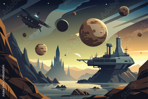 Docked Spaceship Silhouetted Against Asteroidal Landscape