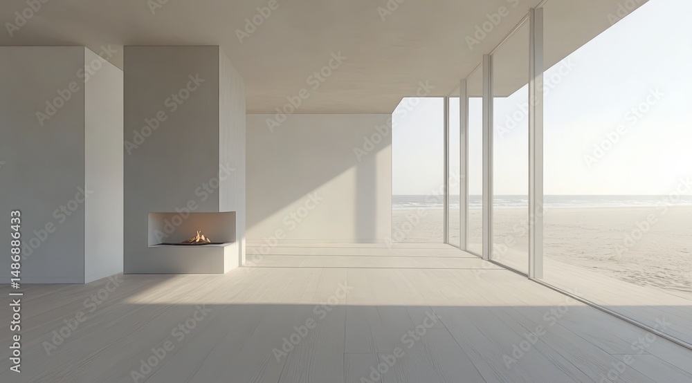 Obraz premium Minimalist beachfront living room with fireplace and ocean view