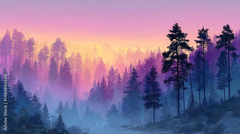 Fototapeta premium Misty Sunrise in a Purple and Blue Forest