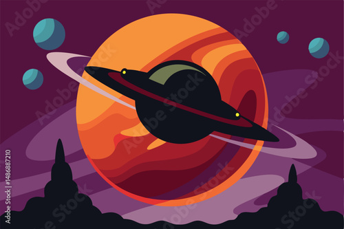 Silhouette of a Spaceship Soaring through the Rings of Saturn