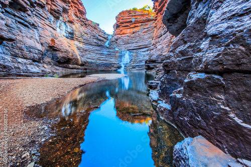 Waterfall and pool at bottom of rocky gorge