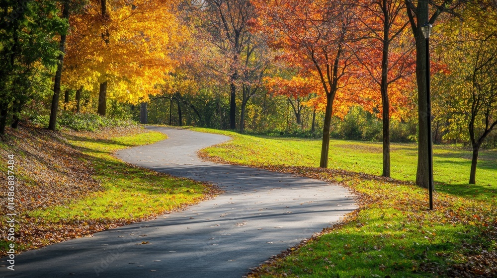 Fototapeta premium Autumnal park pathway winding through colorful trees.
