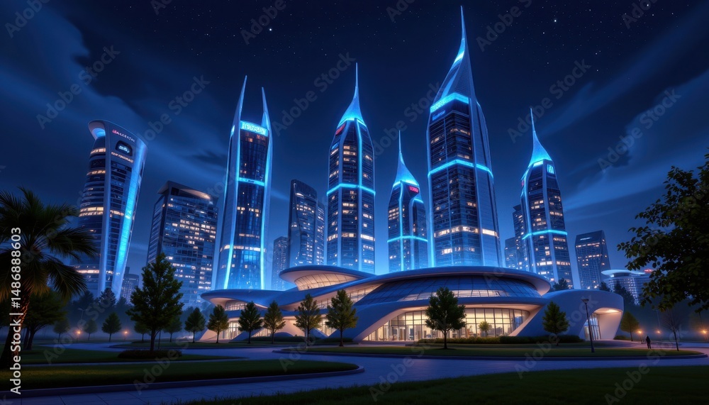 Fototapeta premium Futuristic cityscape night view urban architecture digital artwork modern environment aesthetic perspective