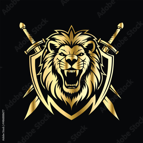 Luxury lion head logo template. Lion head with crossed swords and crown, heraldic vector illustration. Retro style heraldry logo.