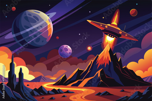 Ethereal Silhouette of a Spacecraft Gliding Past a Majestic Planet and Its Moons