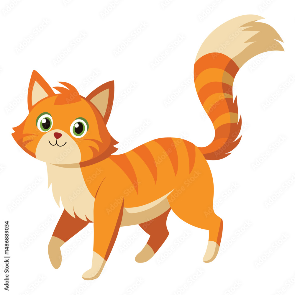 Fototapeta premium A ginger cat with a short, fluffy tail is running with white background.