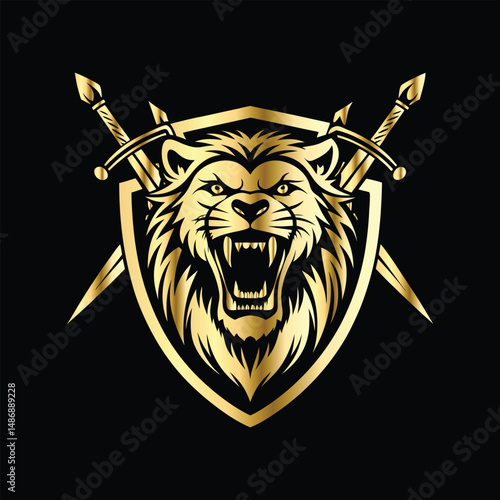 Luxury lion head logo template. Lion head with crossed swords and crown, heraldic vector illustration. Retro style heraldry logo.