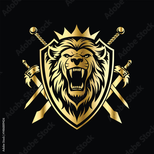 Luxury lion head logo template. Lion head with crossed swords and crown, heraldic vector illustration. Retro style heraldry logo.