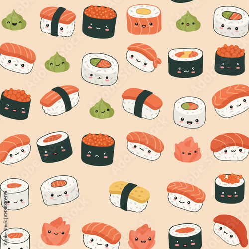 A cartoon illustration shows a variety of smiling sushi, wasabi, and ginger set against a light tan background.