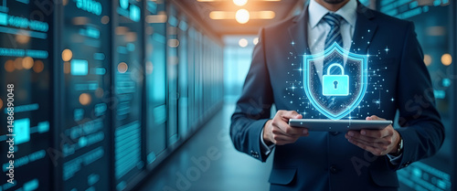 Photo Realistic Data Protection Officer with Data Shield and Certificate Concept - Dreamy Background for Data Protection and ISO27001 Certification in Photo Stock