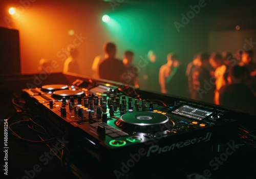 Immersive soundscape A DJ mixer takes center stage in a vibrant nightclub, bathed in warm and cool lighting, the energy of the crowd palpable in the background blur.