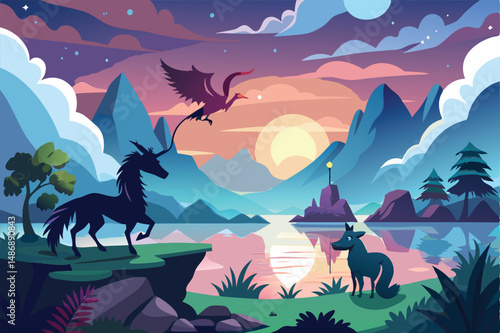Enchanting Silhouette of a Unicorn and Dragon Frolicking in a Forest Glade