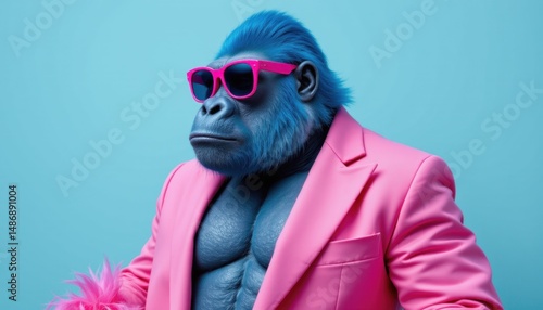 Playful gorilla in pink suit and sunglasses studio setting creative photography fun vibe close-up unique concept