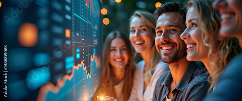Photo realistic as People with Glowing Financial Charts and Happy Smiles concept as A group of people with glowing financial charts and happy smiles set against a whimsical background offering ample s