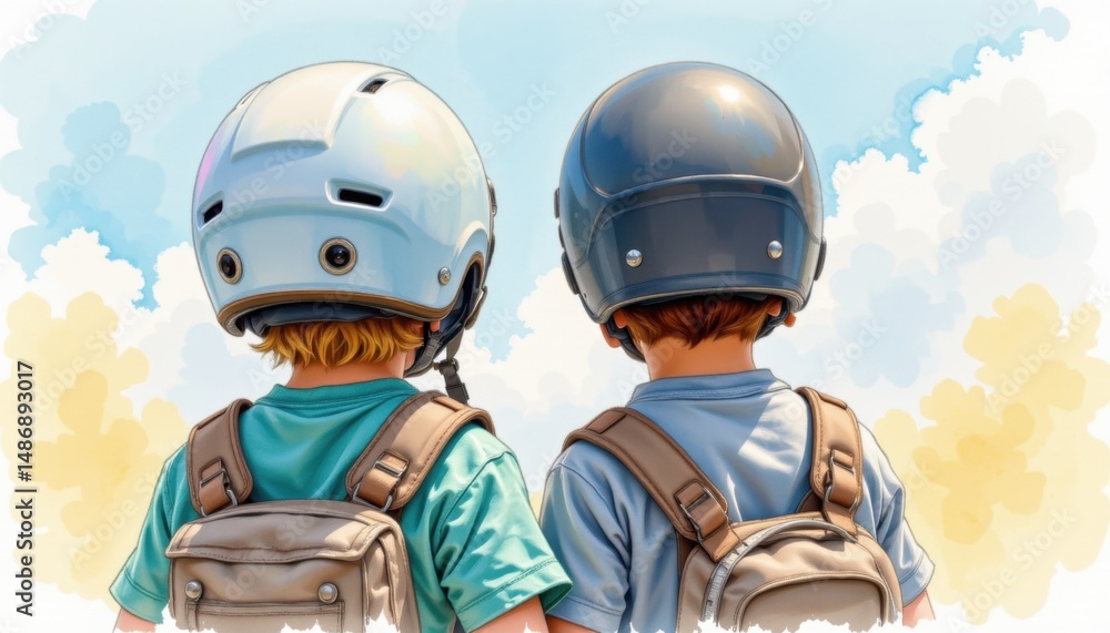 Children enjoying adventure outdoor park illustration bright sky back view friendship concept Children enjoying adventure outdoor park illustration bright sky back view friendship concept