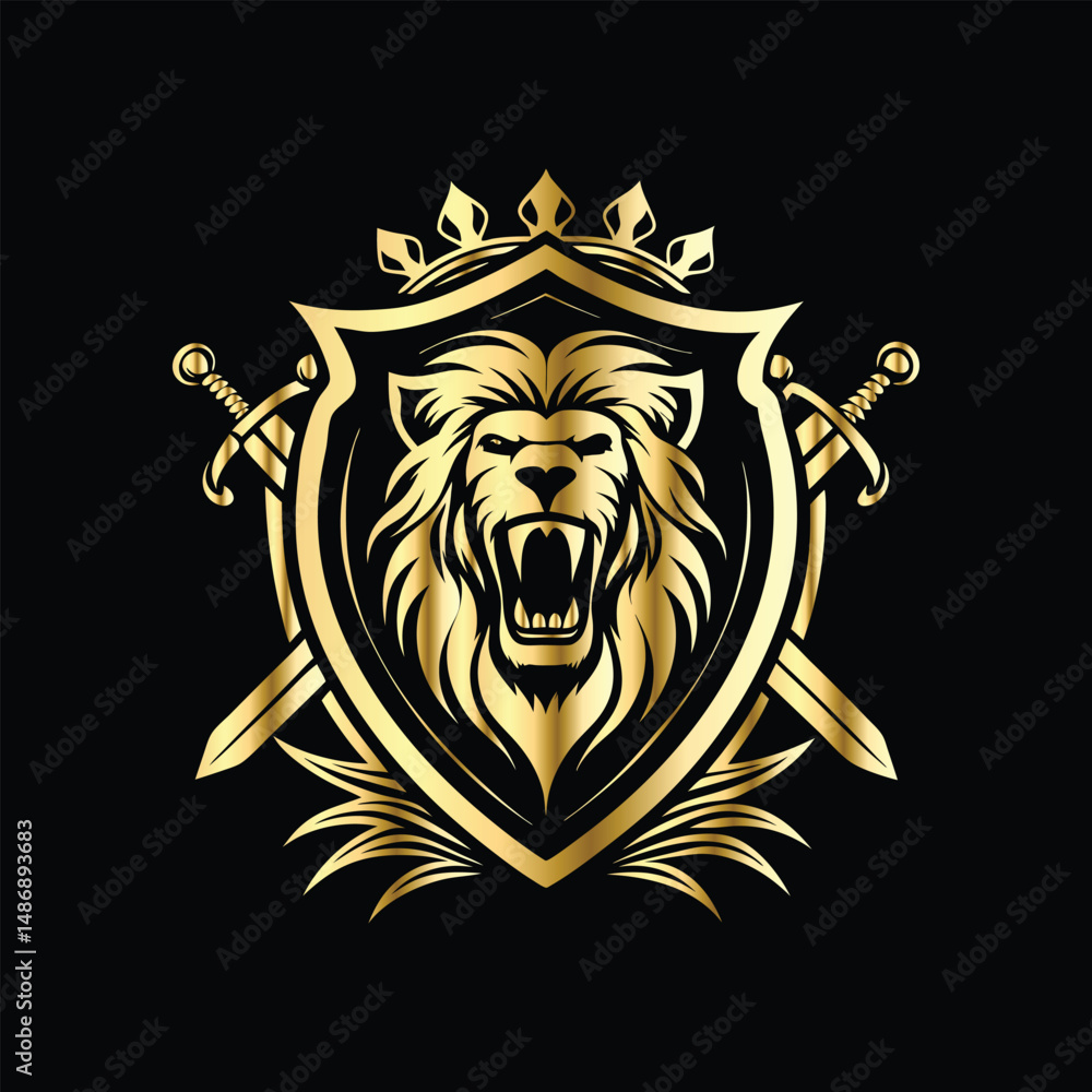 Obraz premium Lion head coat of arms with golden shield, crossed arrows and crown. Heraldic vector design element. Retro style label, heraldry logo. Luxury lion head logo template.