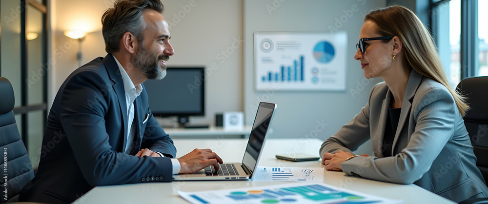 Fototapeta premium Photo realistic marketing consultant advising client on social media strategy in modern office, using laptop and charts to highlight expertise and client relations.