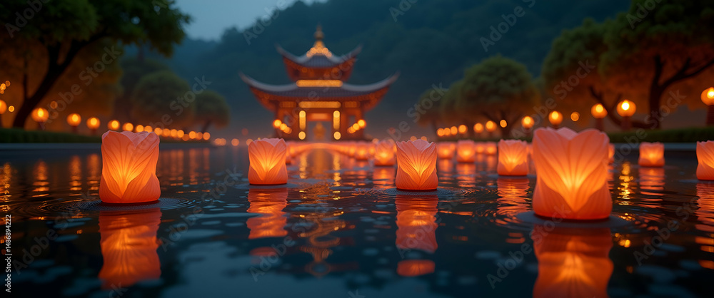 Fototapeta premium Tranquil Vesak Night: Serene Temple Lanterns and Reflective Waterways for Mindful Reflection - Perfect Photo Stock Concept with Peaceful Atmosphere and Empty Space for Text