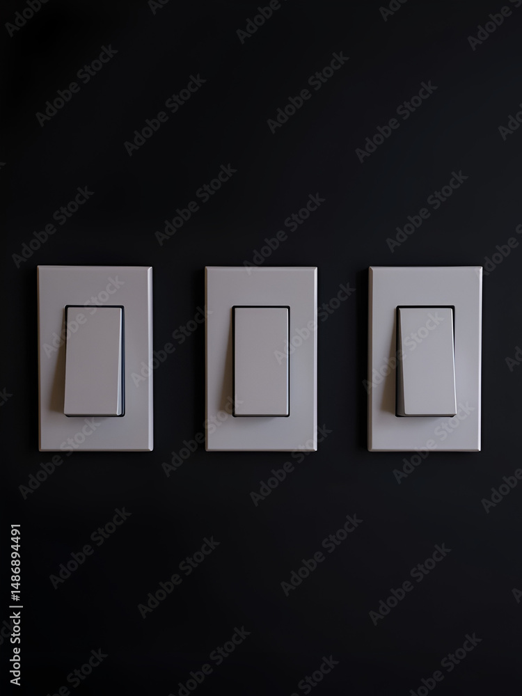 Three modern light switches on a dark wall. Three modern light switches on a dark wall.