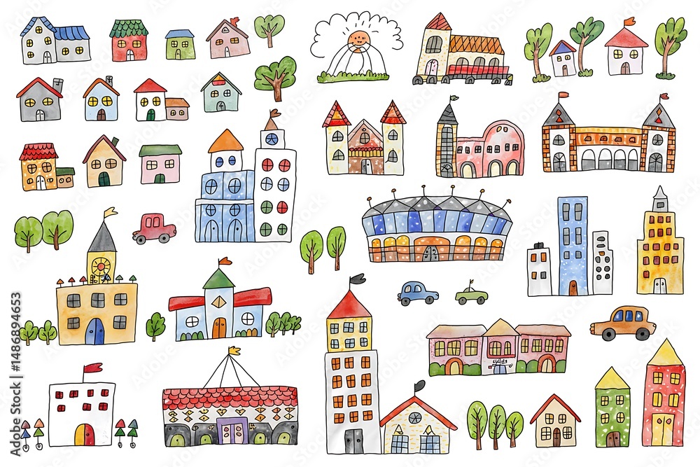 Hand Drawn Colorful Houses and Buildings isolated Hand Drawn Colorful Houses and Buildings isolated