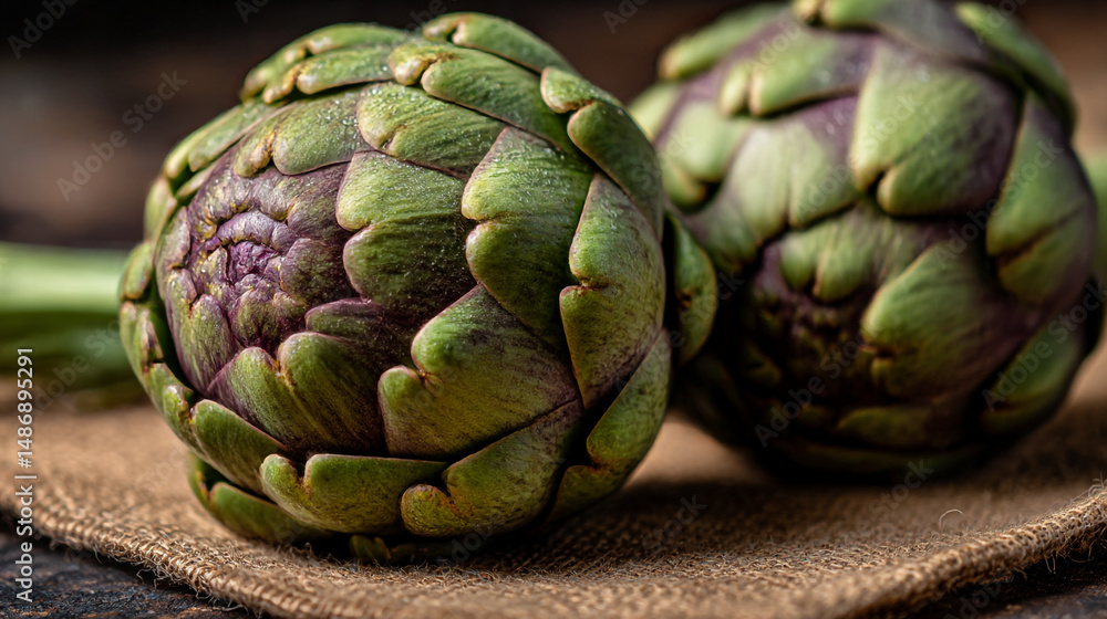 Fototapeta premium Artichokes glistening under soft light in a rustic kitchen setting