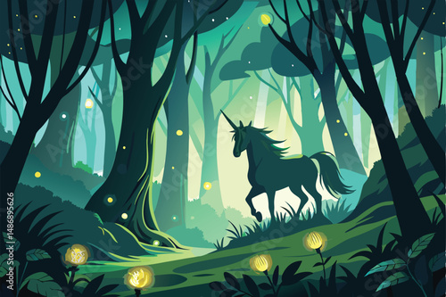 Enchanted Unicorn's Journey Through a Bioluminescent Forest