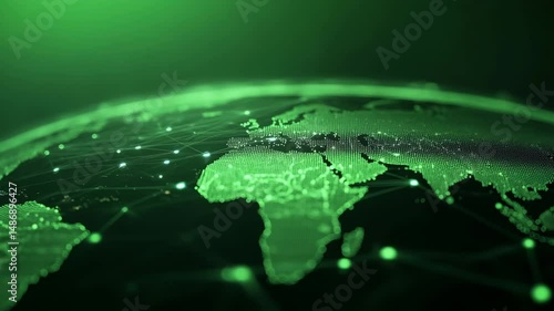 A vibrant green digital world map with glowing nodes and connecting lines, suggesting a global network or interconnectedness.