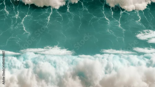 A stylized aerial view of ocean waves with white foam crests contrasting against the turquoise water, and fluffy white clouds visible along the horizon.