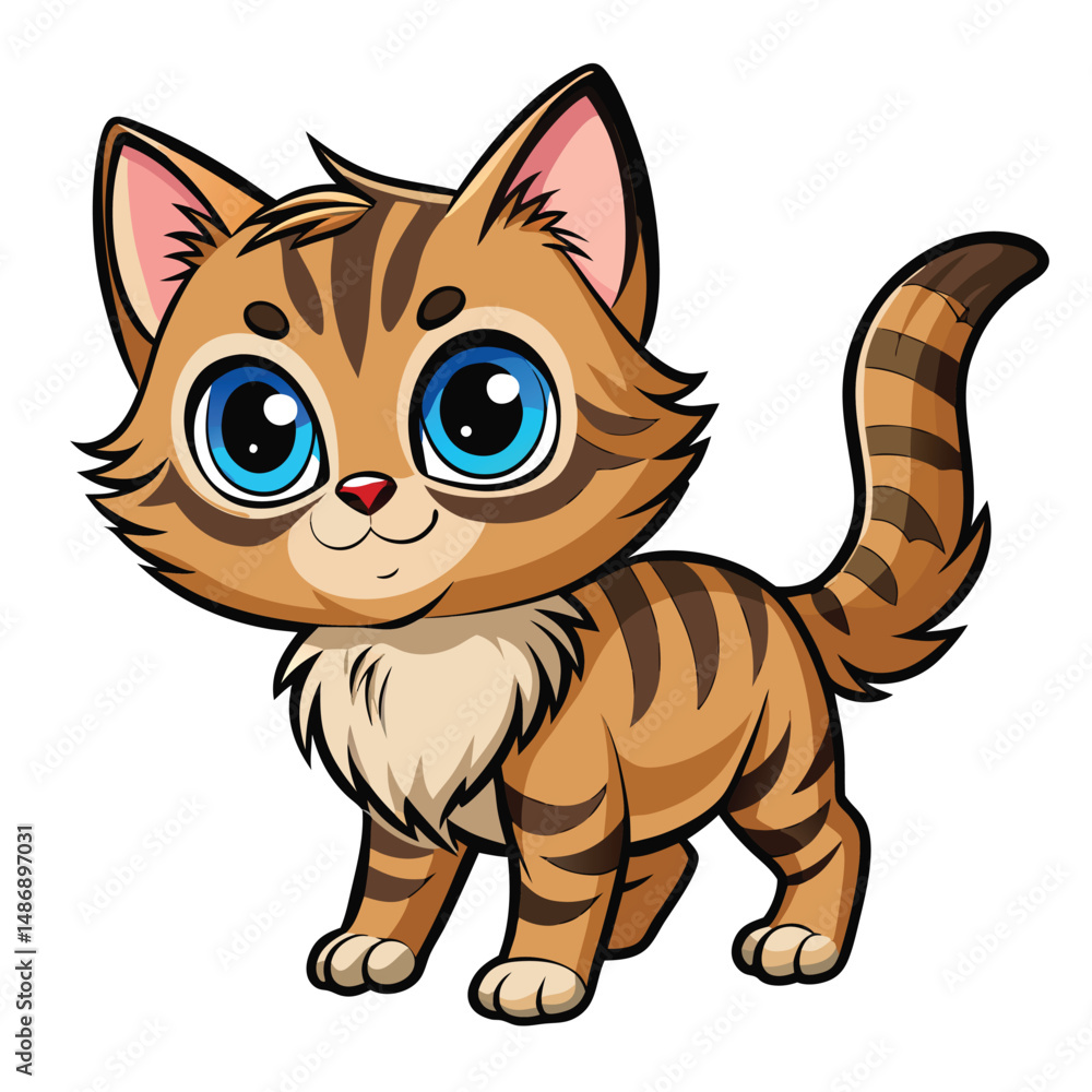 Fototapeta premium A small, fluffy tabby kitten with bright blue eyes is playfully batting with its paw on a white surface with white background.