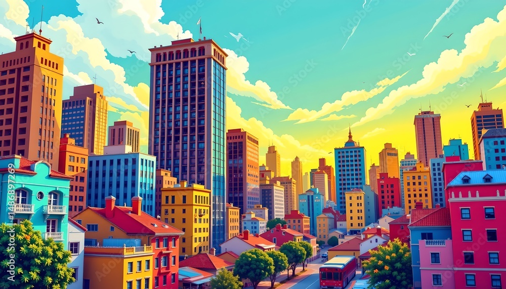 Obraz premium A dynamic cityscape with vibrant buildings shaking underneath a bright blue sky