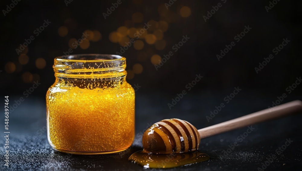 Honey Jar and Dipper on Dark Background. Honey Jar and Dipper on Dark Background.
