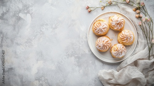 Cream puffs overhead shot powdered sugar light beige floral arrangement textured gray surface food photography