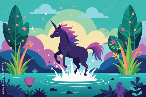 Mystical Silhouette of a Unicorn Prancing in a Shimmering Pond