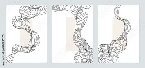 Abstract wall art set, minimalist flowing line art drawing against a soft, rectangular beige rectangle on a white background