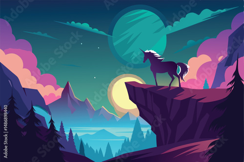 Majestic Silhouette of a Unicorn at the Edge of a Misty Mountaintop