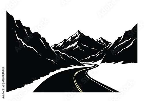 Mountain road silhouette. This image features a black silhouette of a winding road through mountains, with sharp peaks against a clear sky. Vector clipart illustration design.