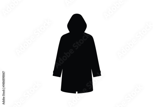 Raincoat silhouette. This image shows a black raincoat silhouette, a long coat with a hood. Vector clipart illustration design.