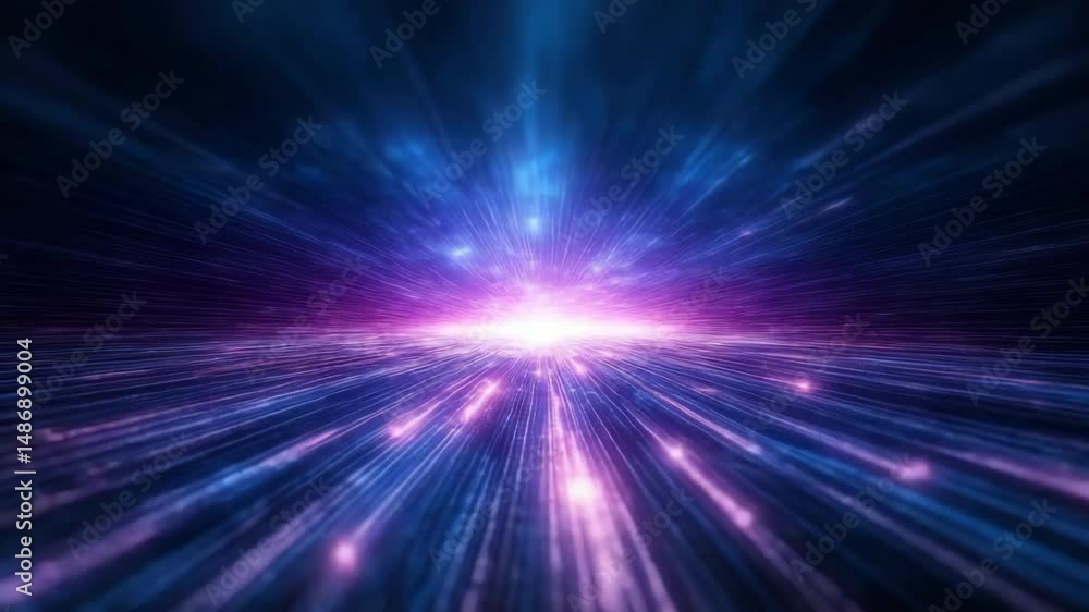 Vibrant cosmic explosion of light beams and colorful particles creates stunning depth and motion.
