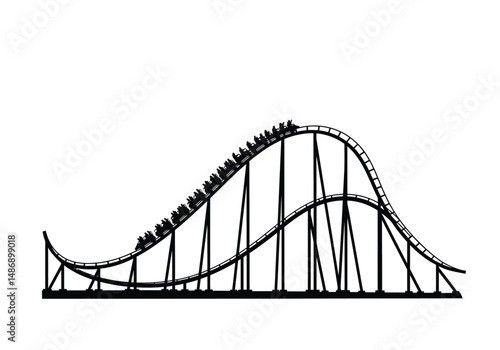 Roller coaster silhouette. This image shows a black roller coaster silhouette, an amusement ride with a steep track and passenger cars. Vector clipart illustration design.