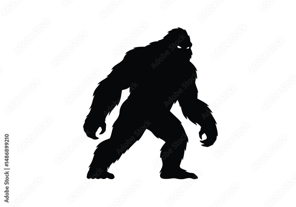 Fototapeta premium Yeti silhouette. This image shows a black silhouette of a yeti, a mythical creature known for its large, hairy figure and mysterious presence. Vector clipart illustration design.